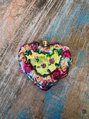 Christopher Radko Heart-Shaped Floral Glass Ornament in Yellow, Pink and Green